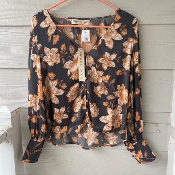 saltwater LUXE Tops - SALTWATER LUXE Long Sleeve Button Front Floral Blouse in Slate
